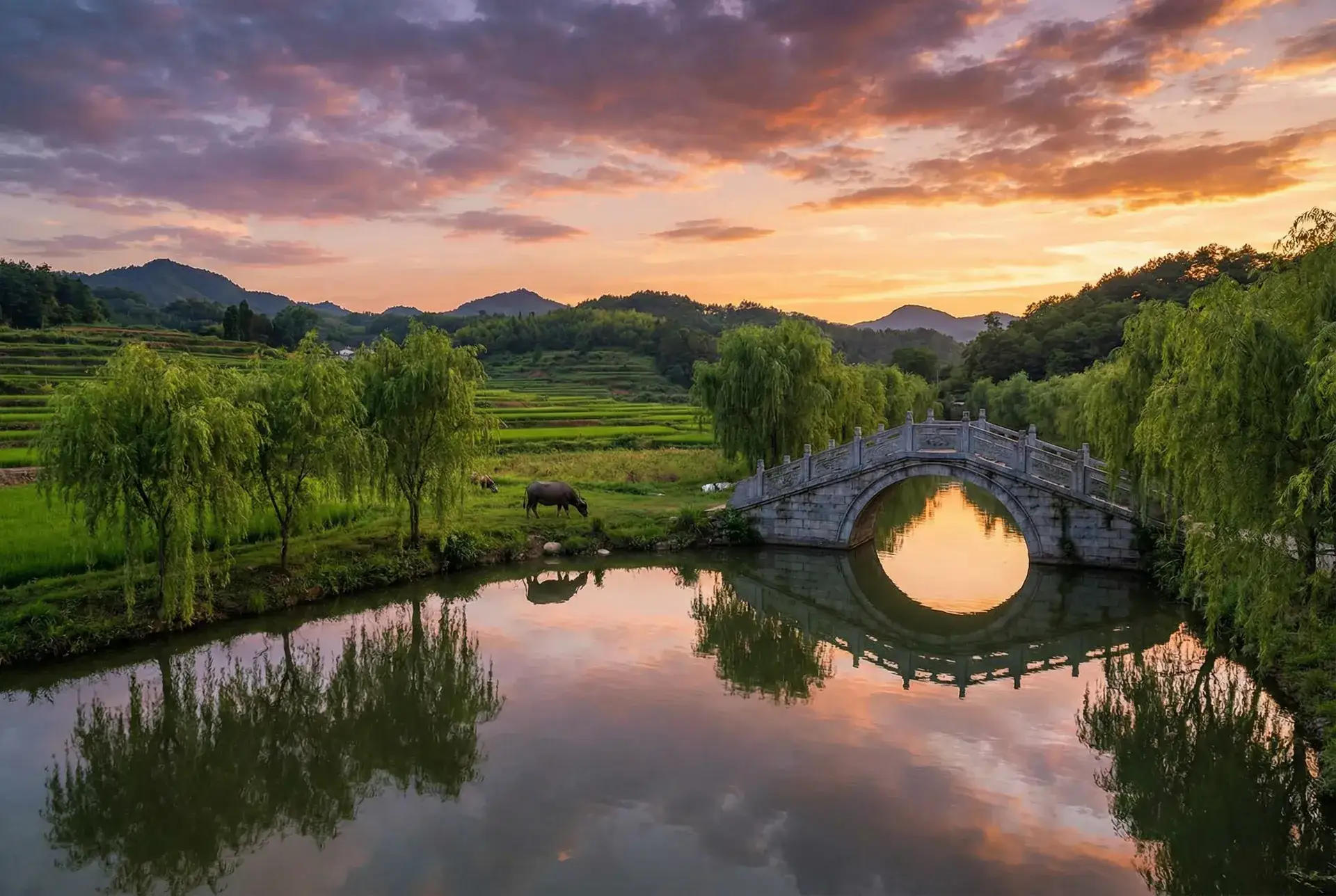 夕阳下的石拱桥与垂柳，水牛在河边吃草 - 国色天香在线观看免费高清完整版 乡村美景